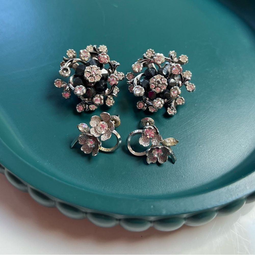 2 Pairs MCM 1950s / 1960s Crystal Rhinestone Silver Black Earrings Lot
